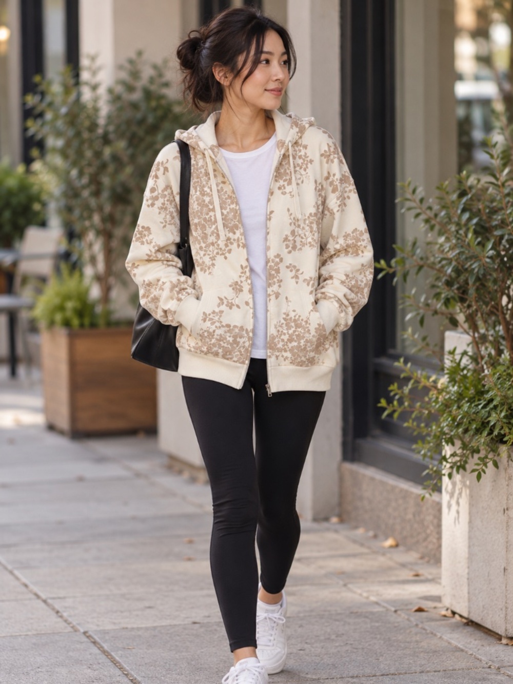 Sonoma XL Floral Sherpa Lined Zip Up Hoodie Cream